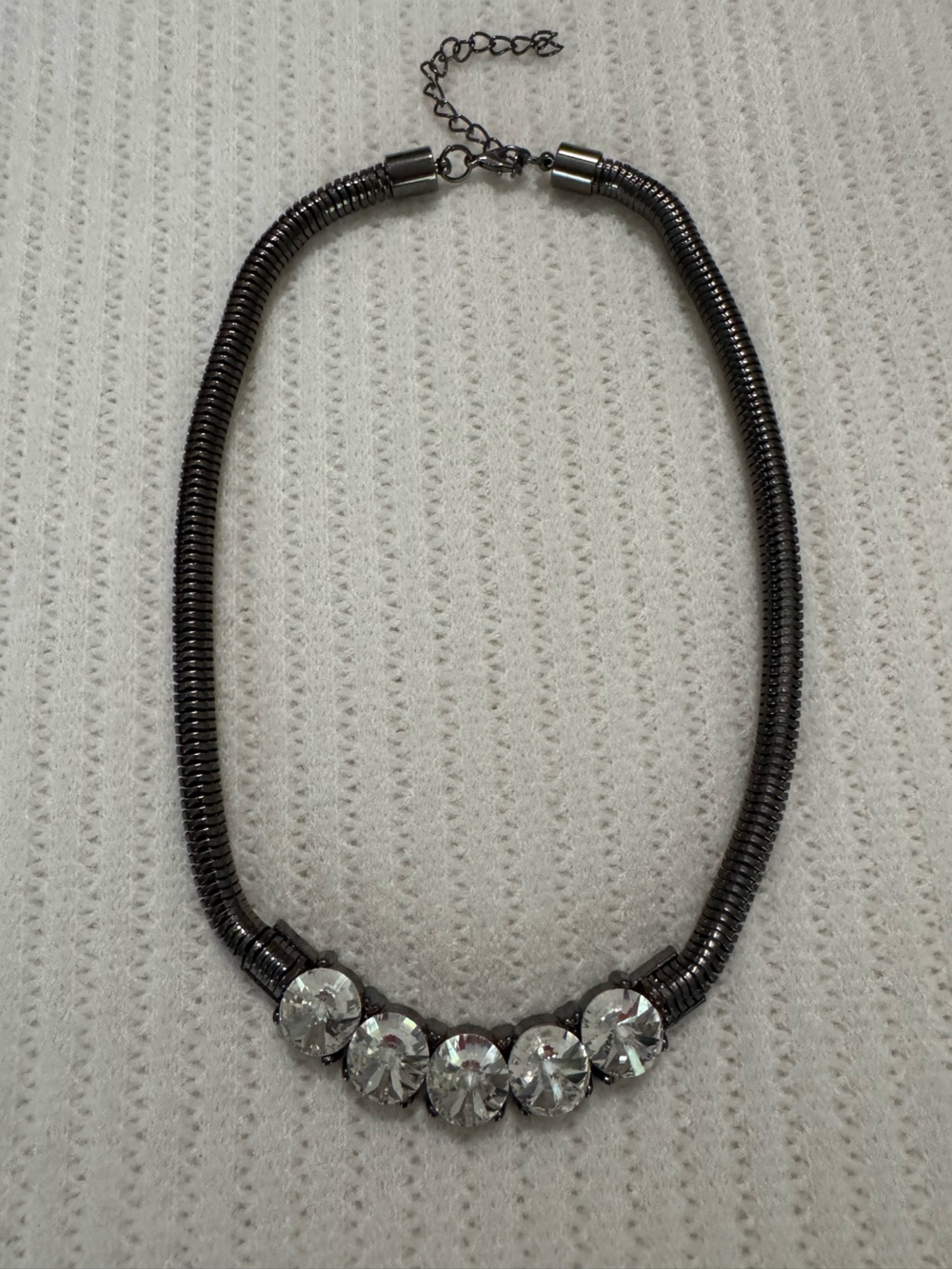 Gunmetal Snake Chain Necklace Large Clear Rivoli Crystal Statement Collar 18”